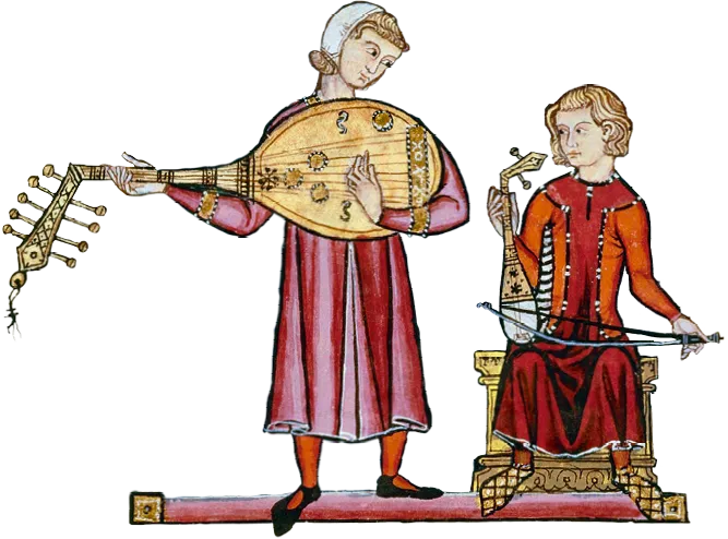 Enluminure médiévale (vers 1280) : deux troubadours jouant de la vièle et du luth, vêtus de robes médiévales.
