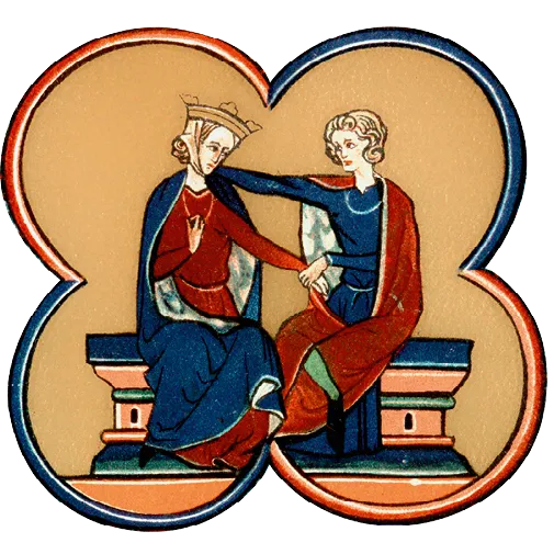 Enluminure médiévale : Tristan et Iseut assis, échangeant un regard amoureux. Miniature du Roman de la poire (vers 1275).