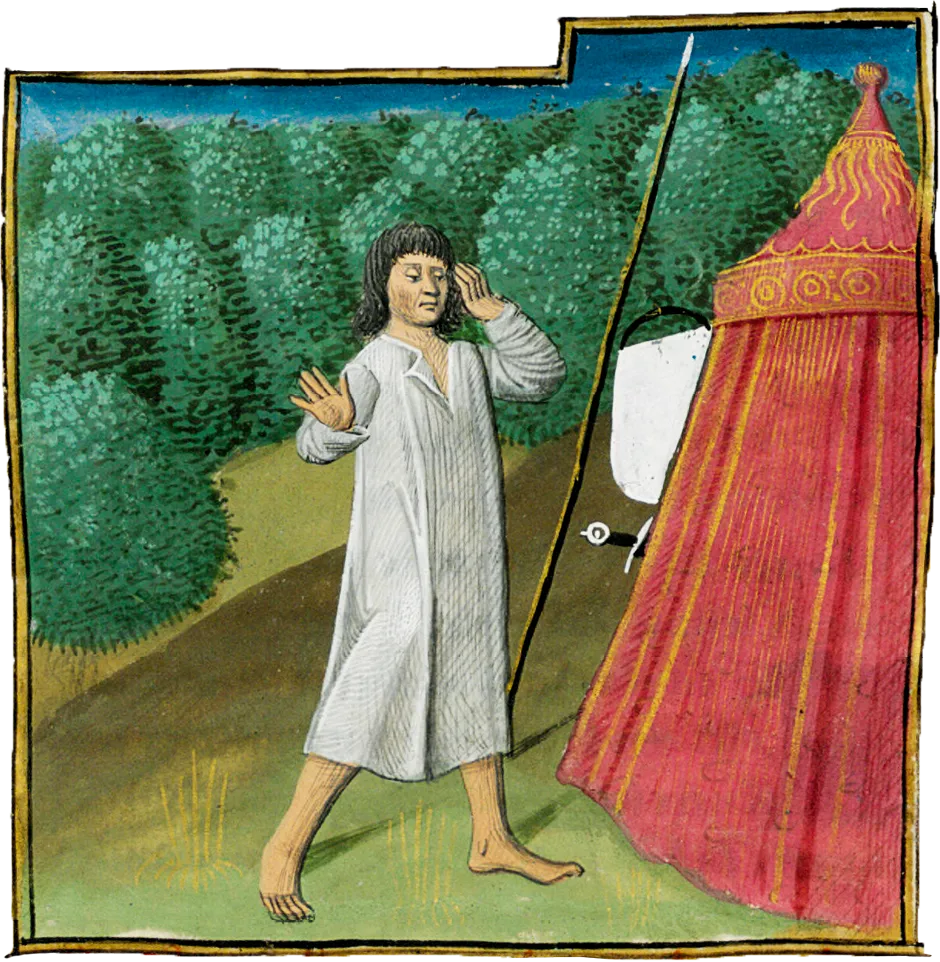 Miniature médiévale : Lancelot, fou et pieds nus, découvre des armes près d'un pavillon rouge et or. Illustration du Lancelot-Graal (vers 1475).