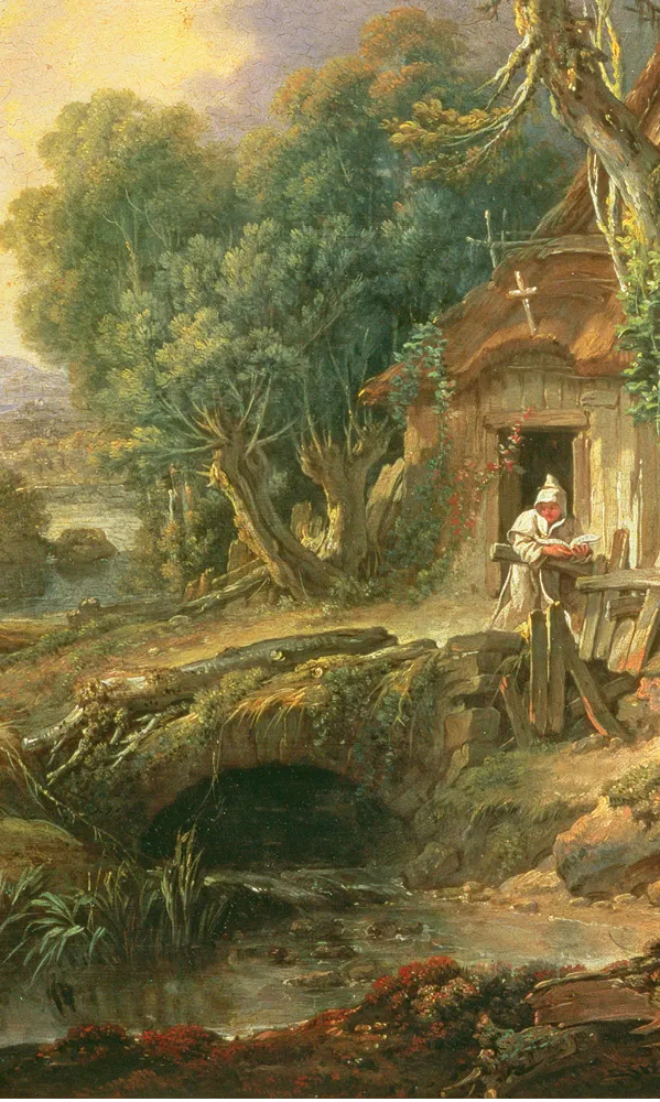 Peinture de François Boucher, Paysage avec ermite lisant près d'un pont de bois, 1742.