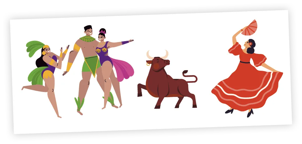 fiesta con bailarines y un toro