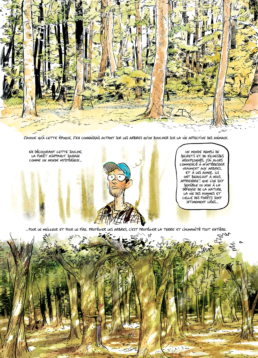 Illustration BD : homme fasciné découvre forêt, lien homme-nature, écologie.