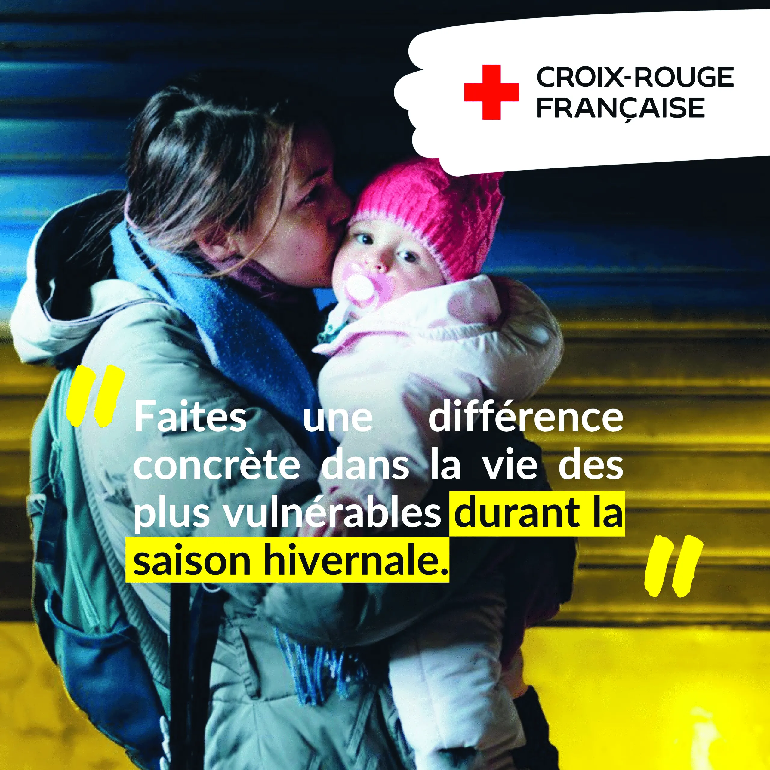 Affiche de la Croix-Rouge française de Reims pour une campagne 				de collecte de biens de première nécessité en prévision de la période 			hivernale, 2023.