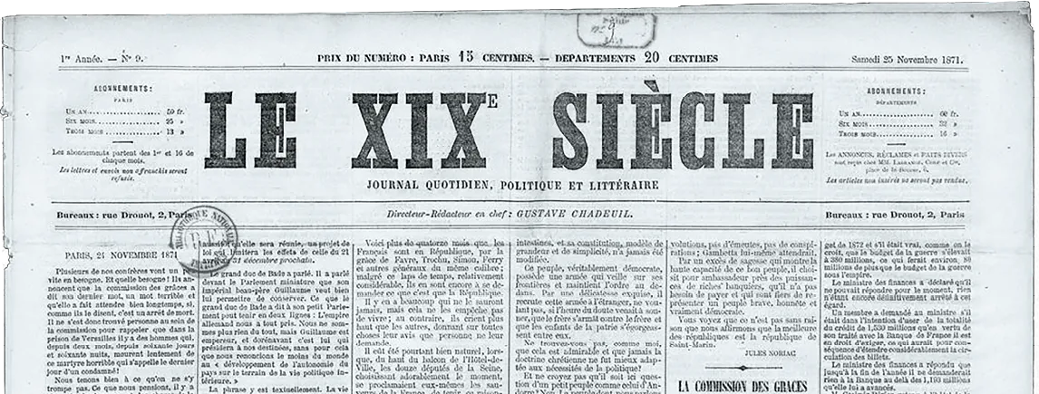 Photographie d'une page du journal Le XIXe siècle (25 novembre 1871).  Titre, articles et informations sur les abonnements sont visibles.