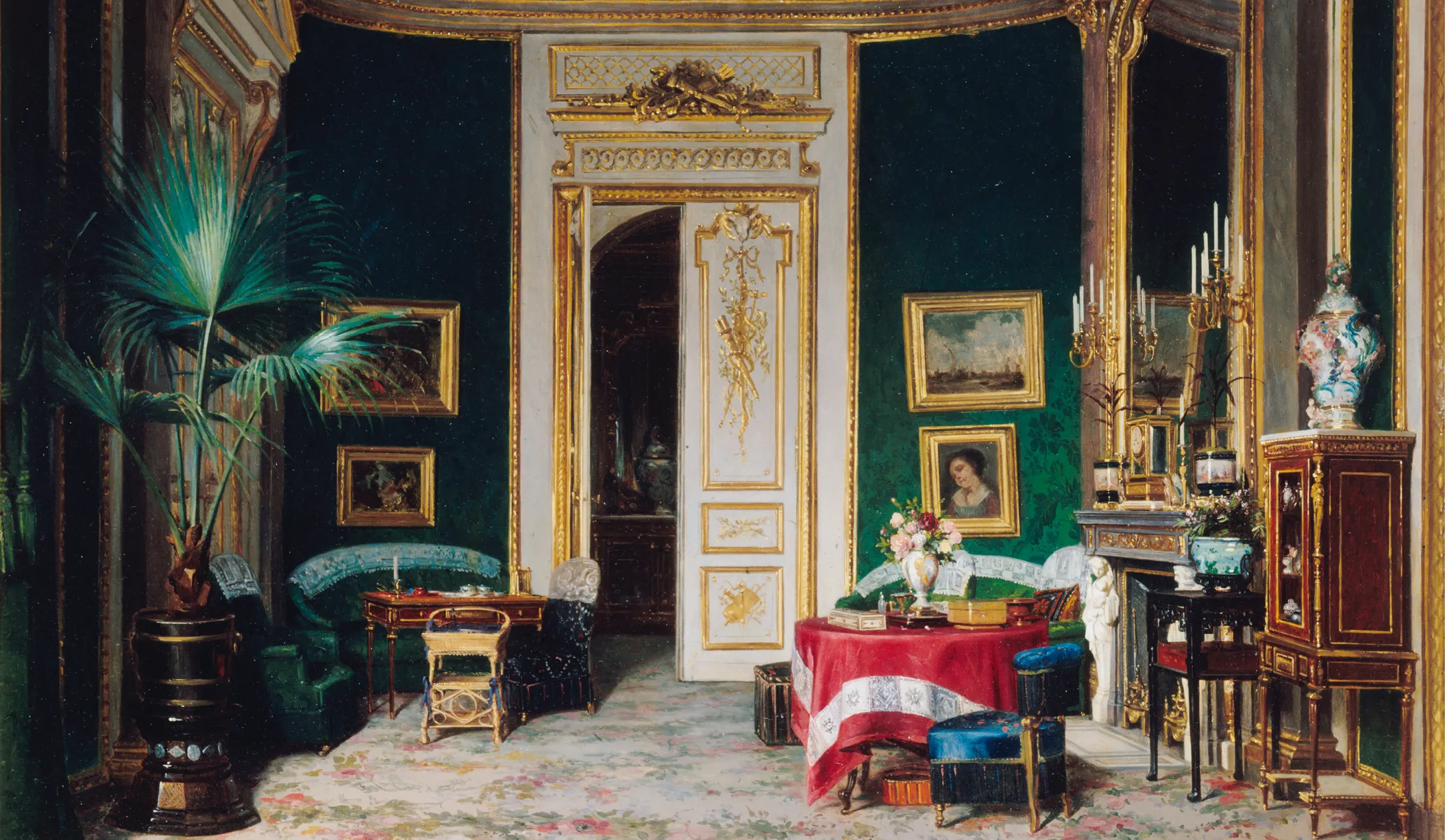 Peinture d'un élégant salon parisien (1870). Mobilier et objets d'art raffinés dans une ambiance feutrée. 