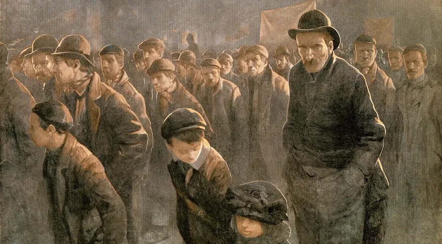 Lithographie anglaise (1910) : une foule d'hommes, femmes et enfants chômeurs du XIXe siècle attendent, probablement pour du travail ou de l'aide.