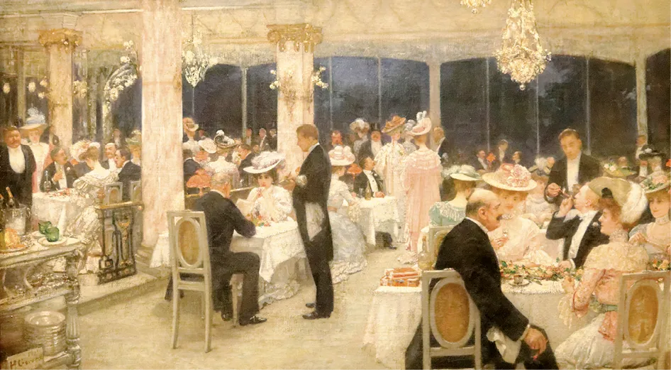 Peinture d'Henri Gervex,Armenonville, soirée élégante du Grand Prix 1905.  Scène animée de convives richement vêtus, dînant et conversant dans un restaurant luxueux.