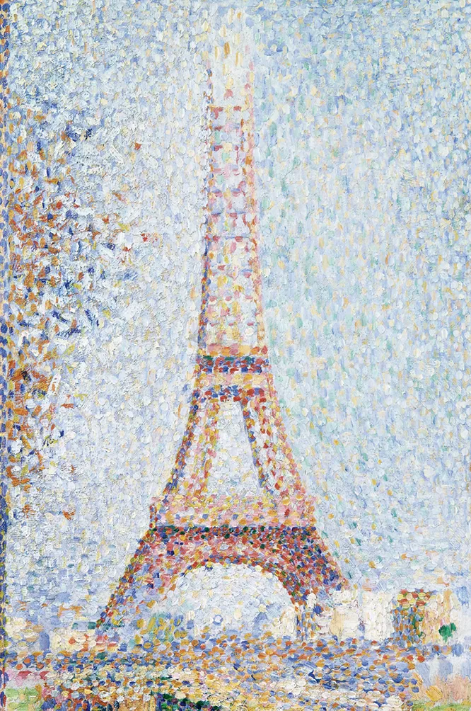 Peinture pointilliste de la Tour Eiffel, représentée avec de petits points de couleurs. Style Seurat.