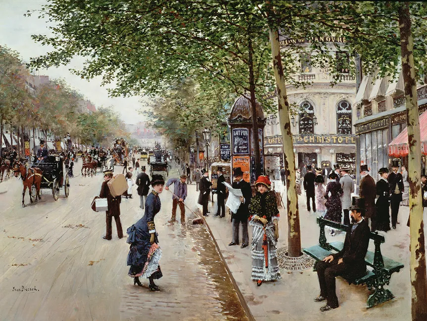 Peinture de Jean Béraud, Boulevard des Capucines, Paris 19e siècle. Scène animée : élégants Parisiens, voitures hippomobiles, commerces.