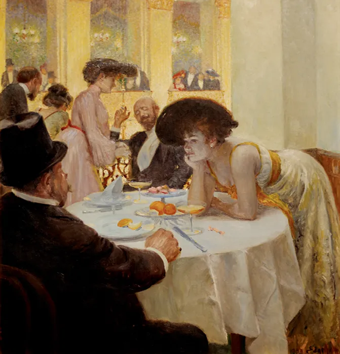 Peinture à l'huile: élégante femme penchée sur table de restaurant, convives en arrière-plan, ambiance feutrée.