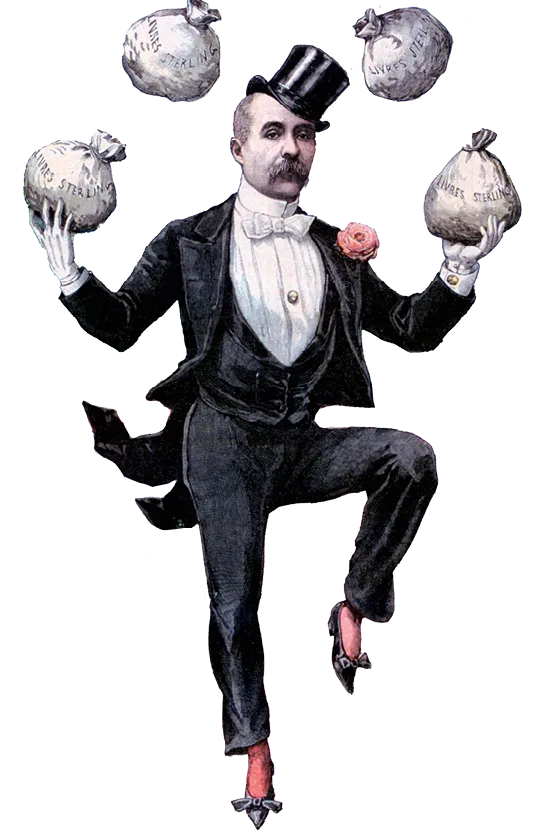 Caricature de Georges Clémenceau jonglant avec des sacs d'argent. Dessin humoristique du Petit Journal (1893).