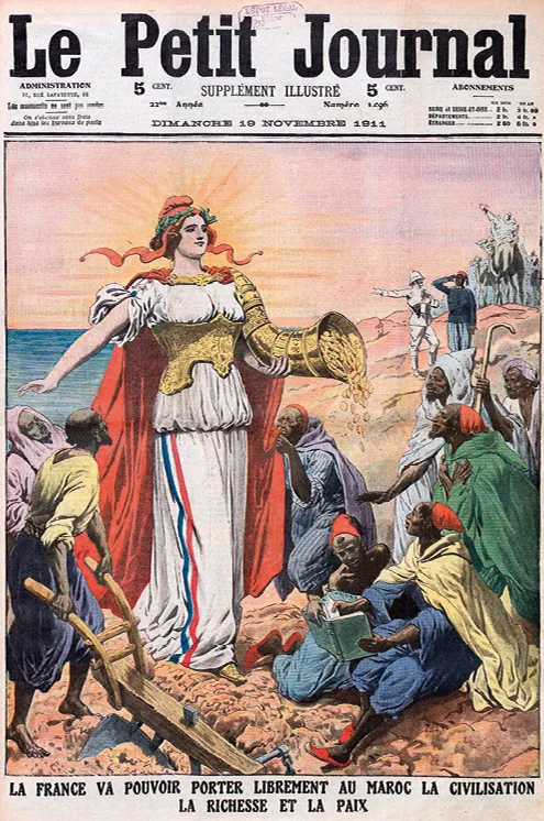 Illustration du Petit Journal (1911): Marianne distribuant des pièces d'or aux marocains. Allégorie de la civilisation française au Maroc.