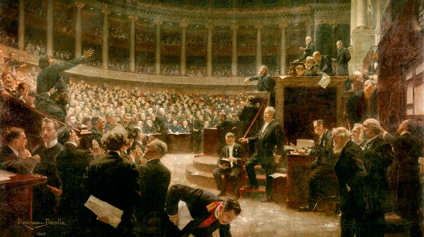 Peinture de 1907, séance animée à la Chambre des députés. Députés discutent vivement.