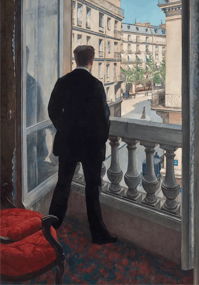 Peinture: jeune homme vu de dos sur balcon parisien, observant la rue animée. Style réaliste, couleurs chaudes.
