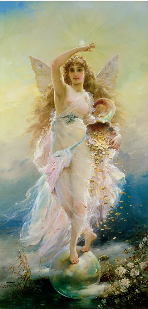 Peinture à l'huile: Fortuna, déesse ailée, répand des pièces d'or depuis une urne, posée sur une sphère. Style XIXe siècle.