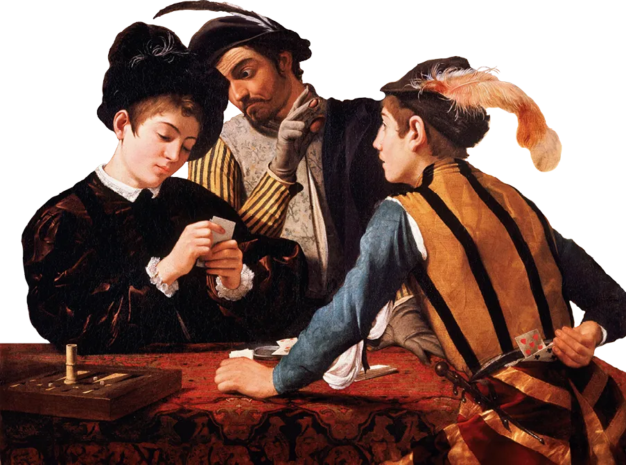 Peinture du Caravage, Les Tricheurs : trois personnages jouant aux cartes, un jeune homme trompant ses adversaires.
