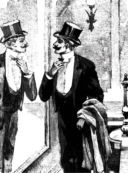 Gravure: élégant homme en haut-de-forme se regarde dans une glace, arrange sa cravate. Illustration Bel-Ami.