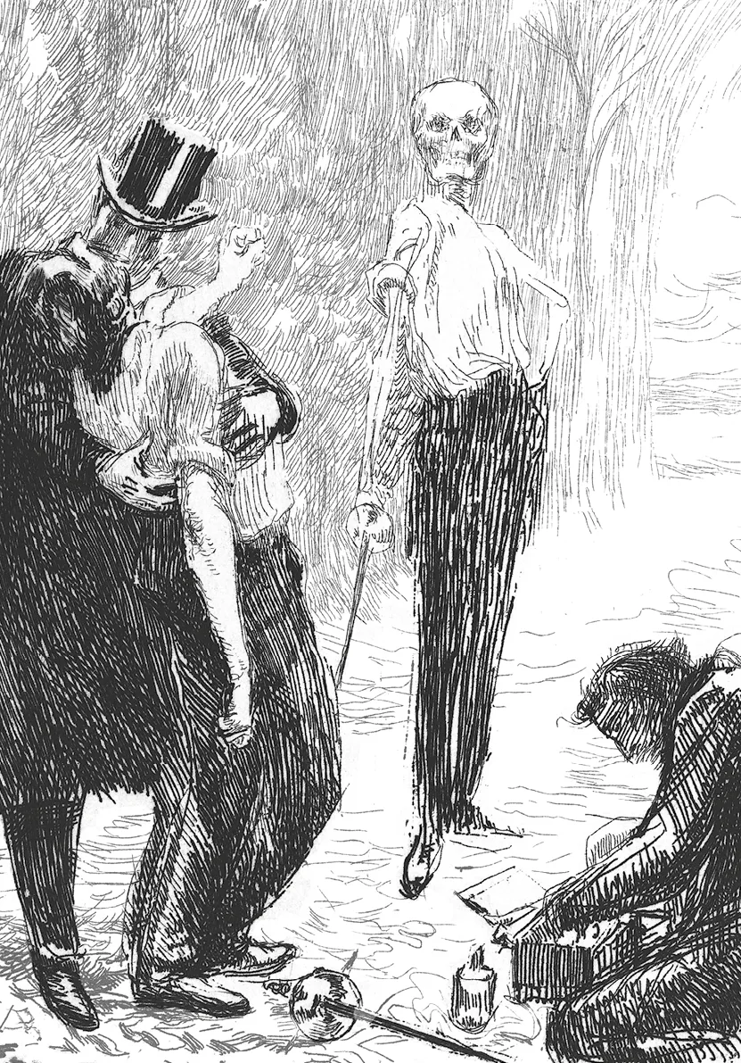 Dessin: duel observé par un squelette. Un homme blessé est soutenu par un autre. Scène symbolique de mort.