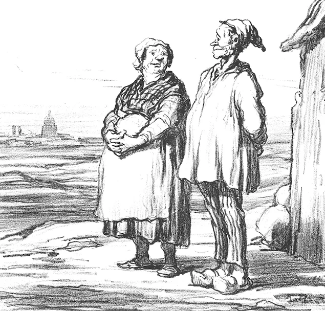 Lithographie: deux paysans regardent Paris. Dessin au trait, style réaliste, détails vestimentaires précis.
