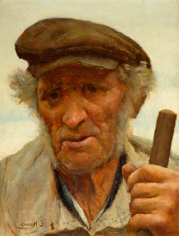 Portrait d'un paysan normand âgé, peinture à l'huile du XIXe siècle. Il tient un bâton, vêtu simplement.