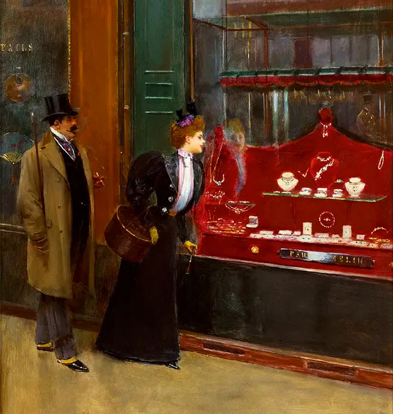 Peinture réaliste de Jean Béraud : élégant couple parisien admirant des bijoux dans une vitrine.