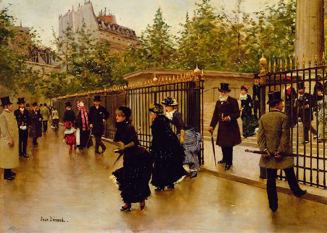 Peinture à l'huile, scène de rue parisienne XIXe siècle près de la Madeleine. Personnages élégants se promènent, certains près d'une grille.