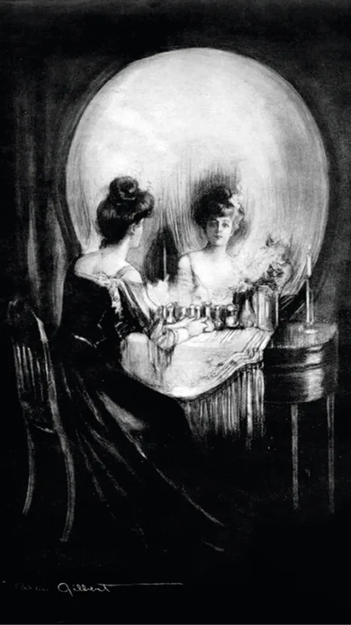 Lithographie : une femme se regarde dans un miroir en forme de crâne. Vanité et mortalité.
