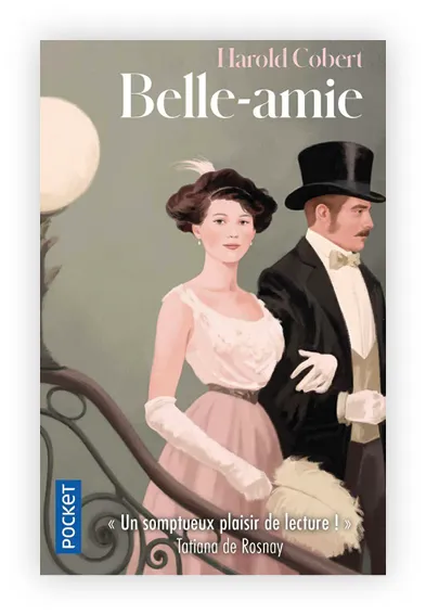 Illustration Belle-amie de Harold Cobert : élégant couple Belle Époque montant un escalier.