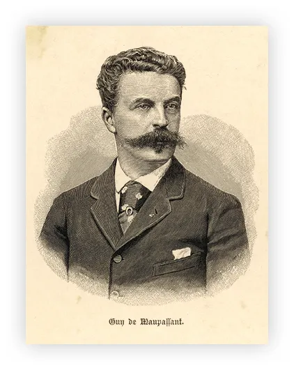 Gravure, portrait de Guy de Maupassant, célèbre écrivain français, en costume sombre.