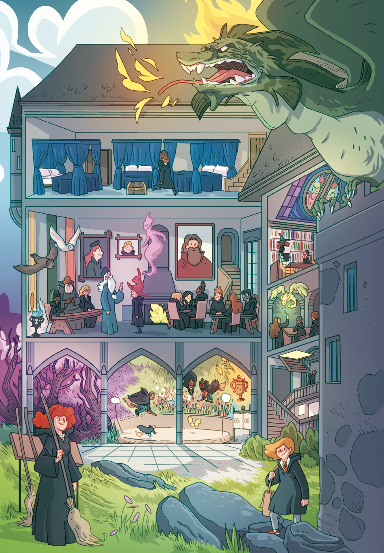Illustration d'une école de magie avec divers lieux et personnages