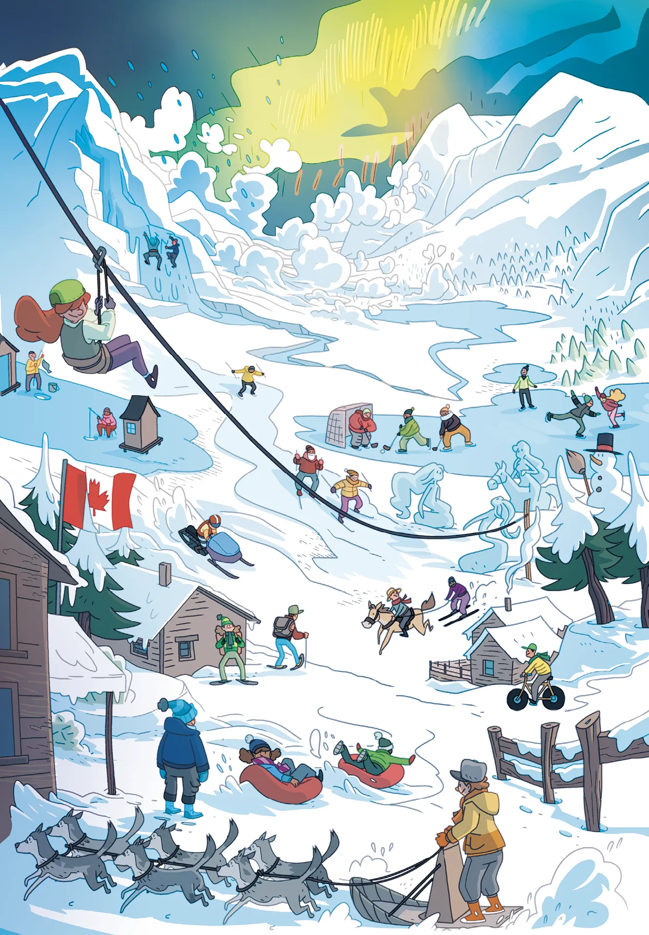 Illustration d'un paysage d'hiver avec diverses activités de plein air
