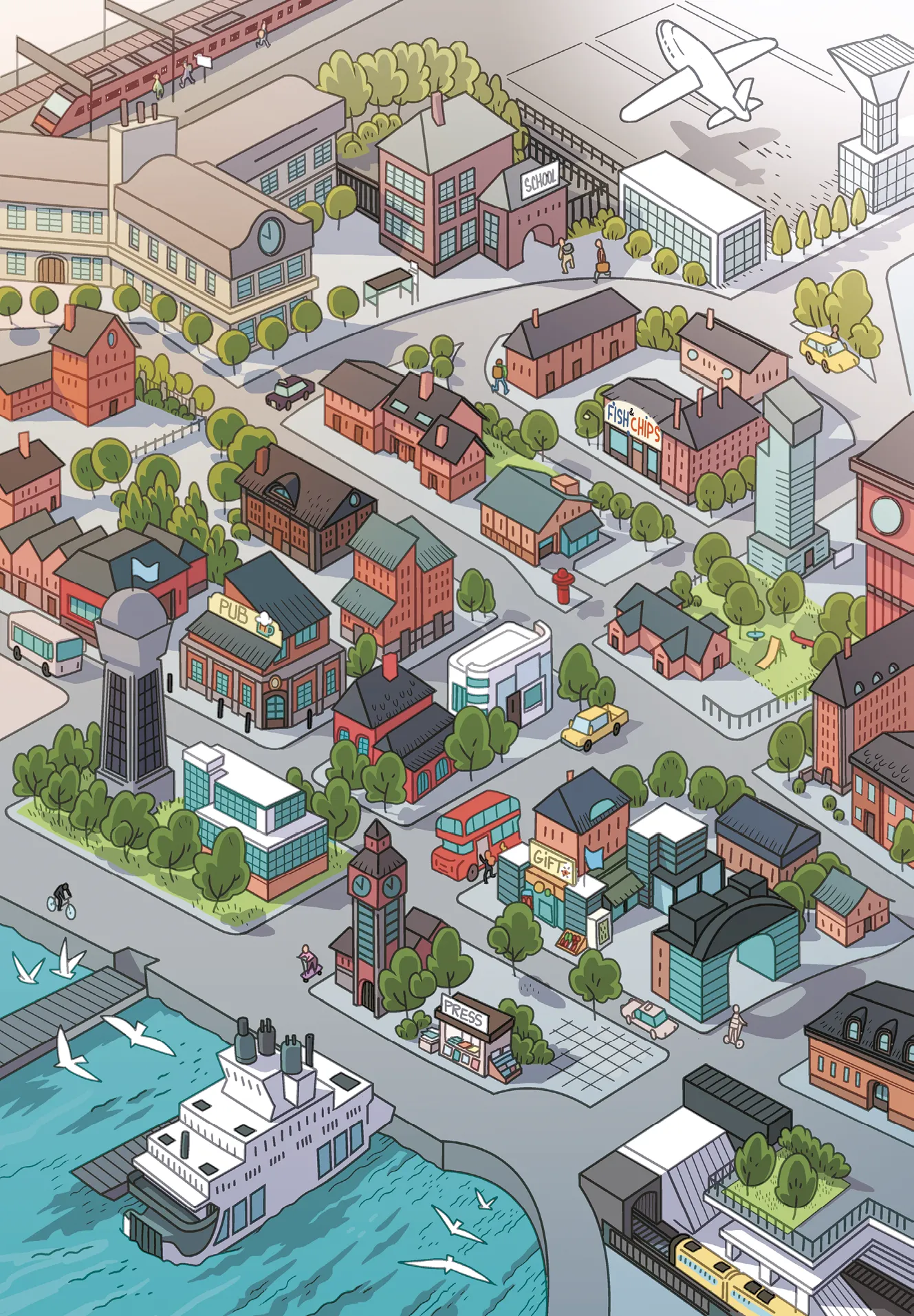 Vue isométrique d'une ville britannique avec ses différents lieux et moyens de transport