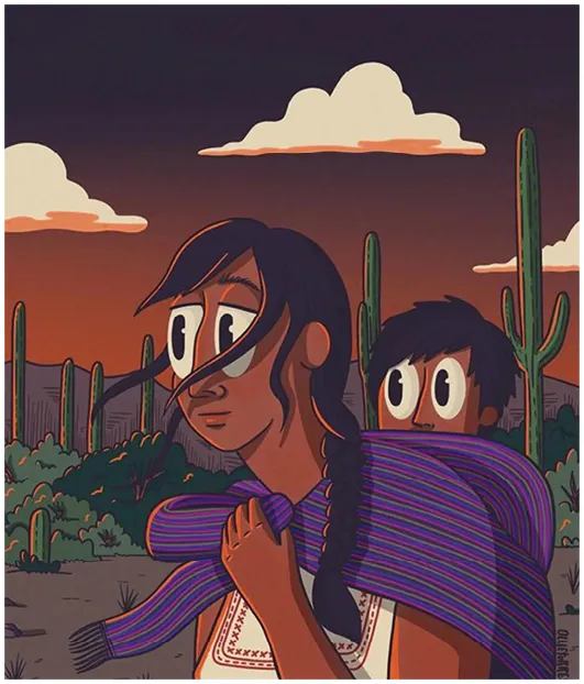 Dibujo de la serie Personas migrantes
de la ilustradora mexicana Ollie Torres
@ollincatorres, 2020.