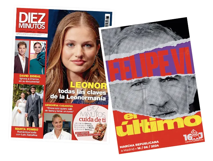 Portada de Diez minutos,
1 de noviembre de 2023, y cartel
de la marcha republicana, 2024.