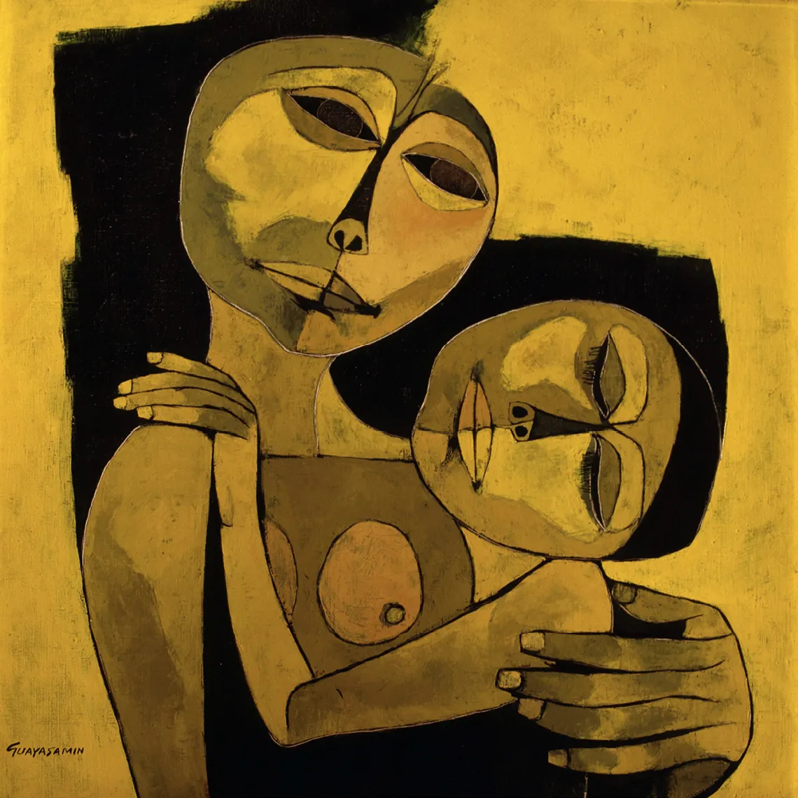 Oswaldo Guayasamín, Madre y niño en amarillo, 1986.