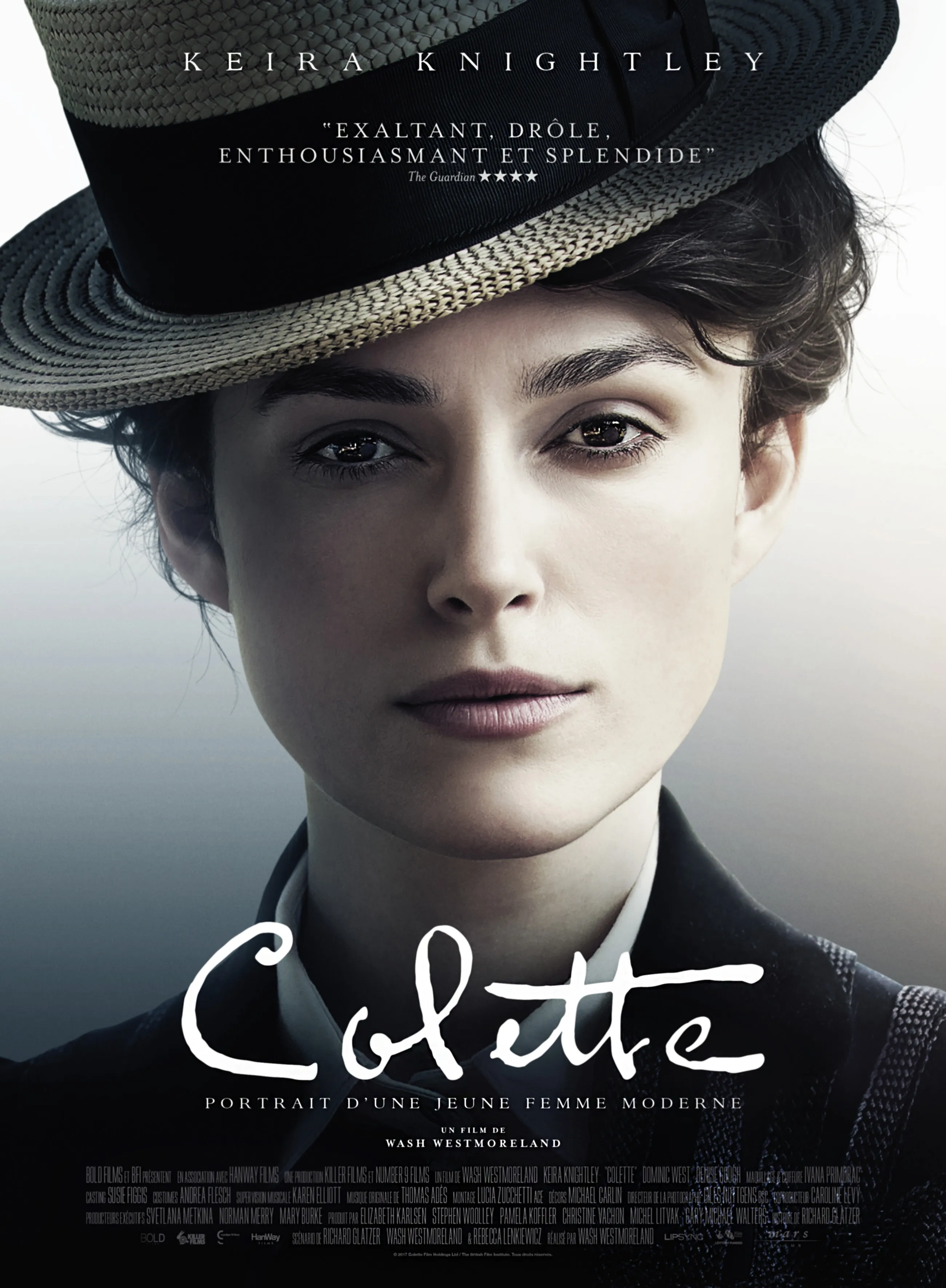 Affiche du film Colette avec Keira Knightley : gros plan élégant sur son visage intense, chapeau rétro.