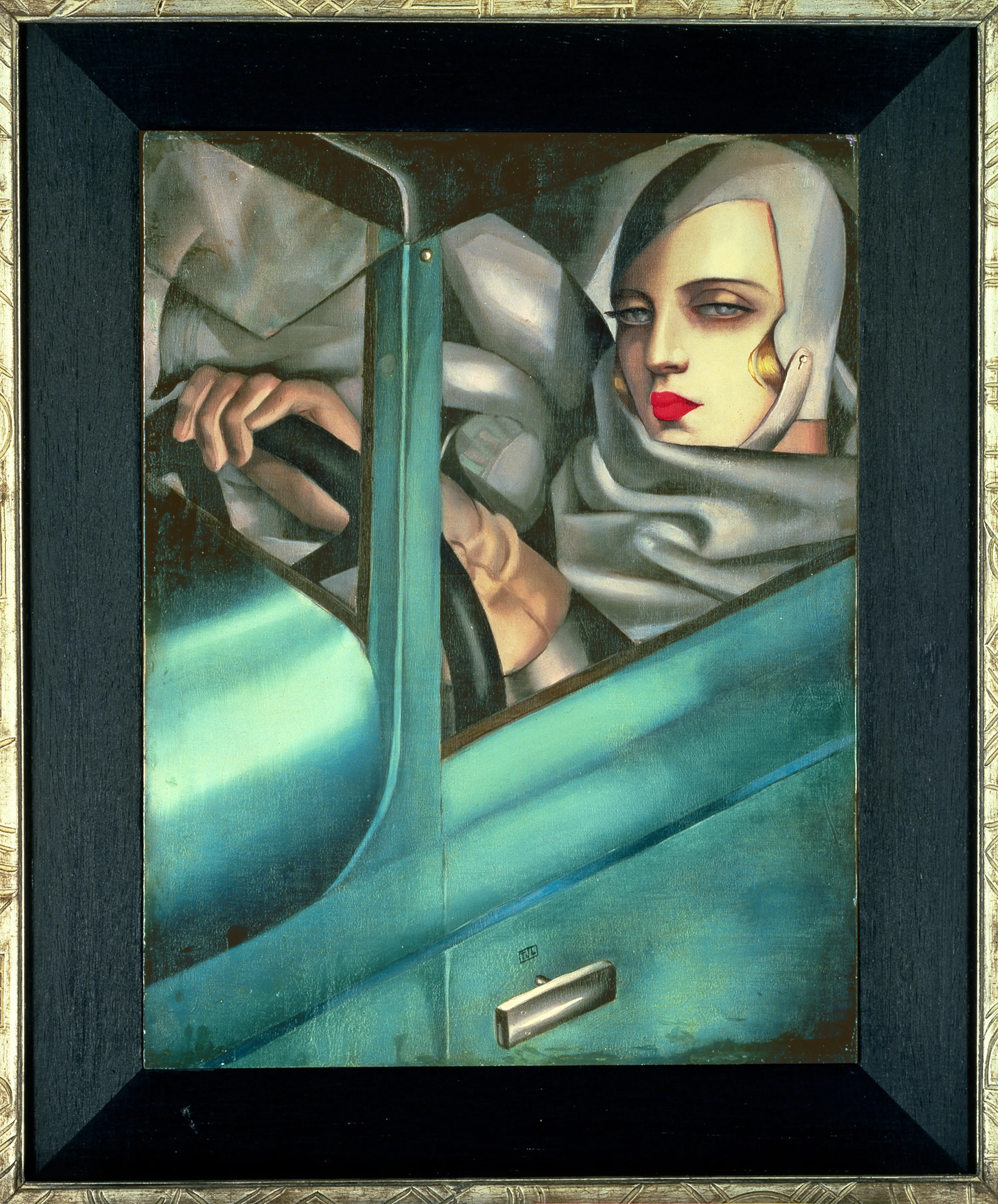 Peinture Art déco de Tamara de Lempicka : autoportrait cubiste d'une femme élégante au volant d'une voiture turquoise.