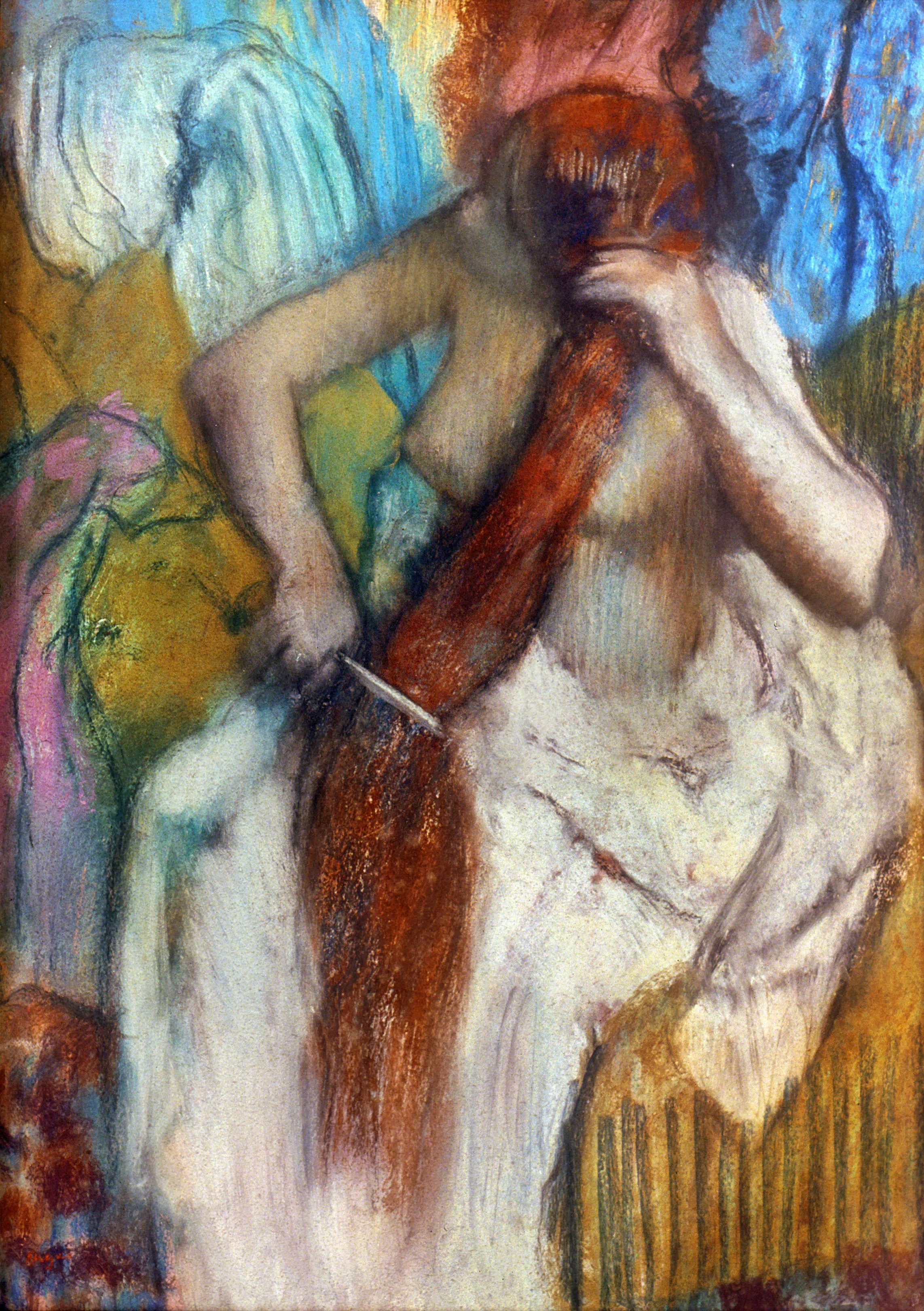 Pastel: femme aux longs cheveux roux se peigne, assise. Couleurs pastel, style impressionniste.