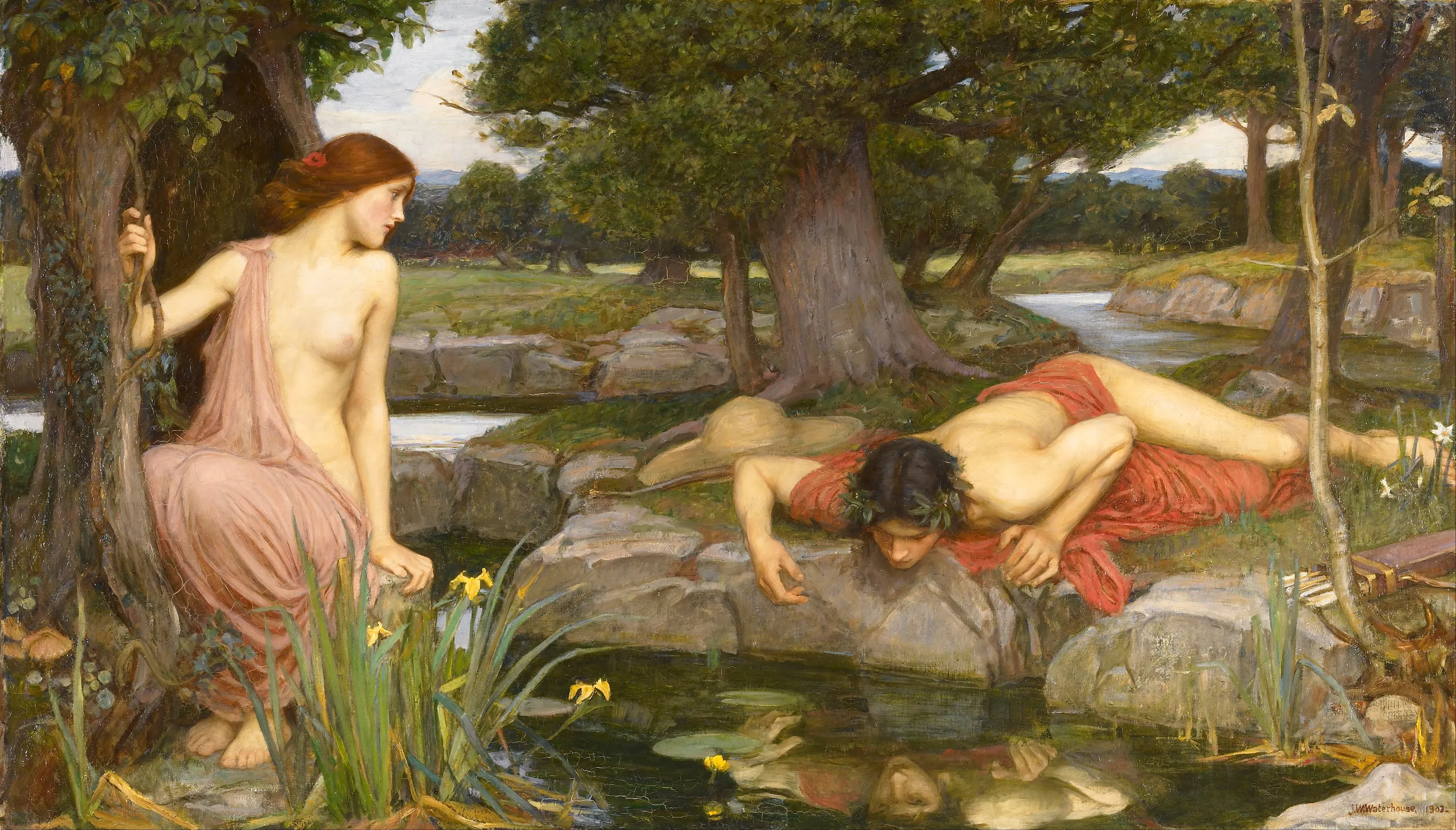 Peinture préraphaélite: Narcisse et Écho, amoureusement penchés sur un étang, observant leur reflet. Paysage bucolique.