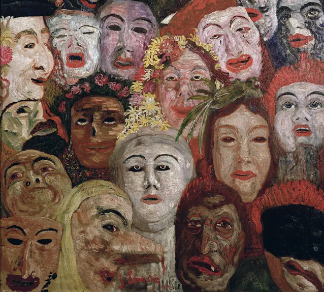 James Ensor, My Portrait Surrounded by Masks, 1899, peinture à l'huile, 120 × 80 cm, musée d'art Menard, Komaki, Japon.