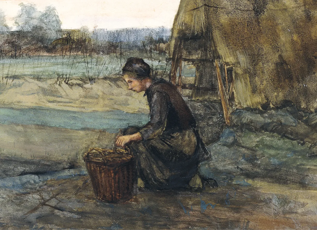 Vincent Van Gogh, Paysanne agenouillée devant une cabane, 1883, gouache et aquarelle sur papier, 22,5 × 33,5 cm, collection privée.