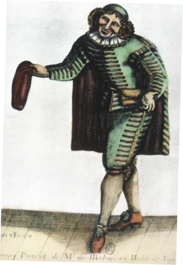 Claude Simonin, Molière en costume de Sganarelle, gravure,
XVIIe siècle, Bibliothèque nationale de France.