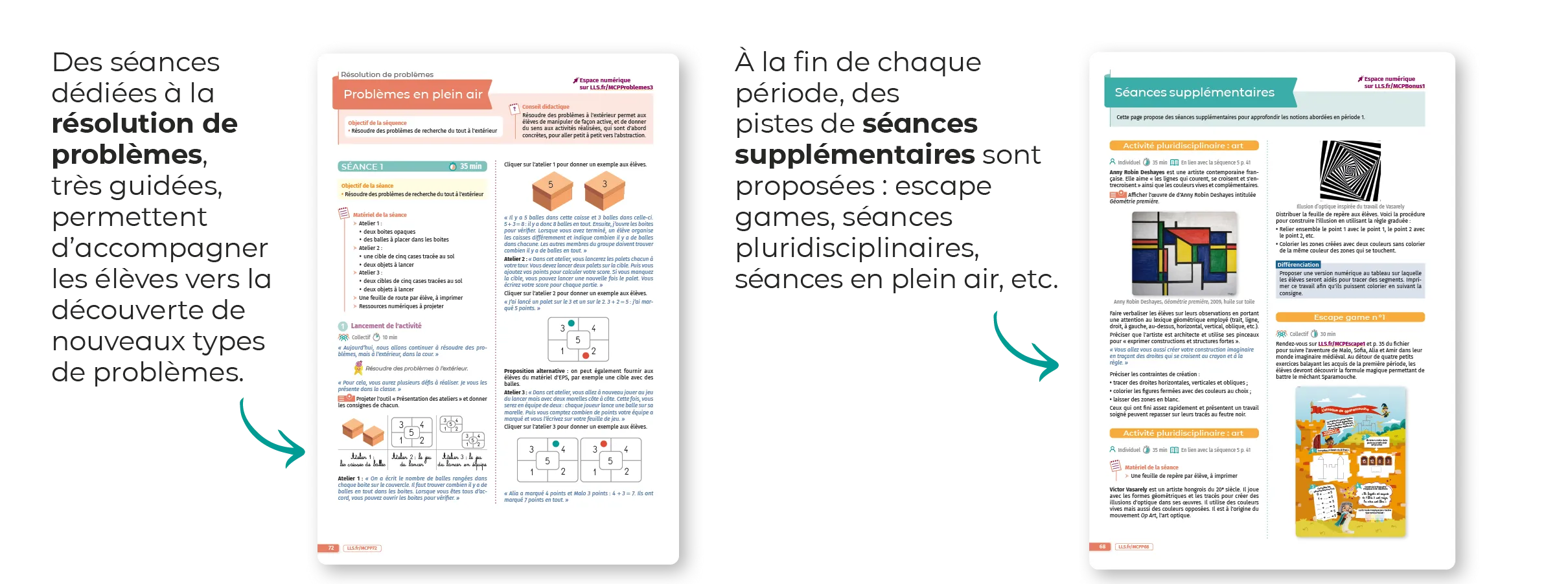 Pages de manuel scolaire montrant des séances guidées de résolution de problèmes mathématiques, incluant des activités en classe et en extérieur, avec des exemples visuels.