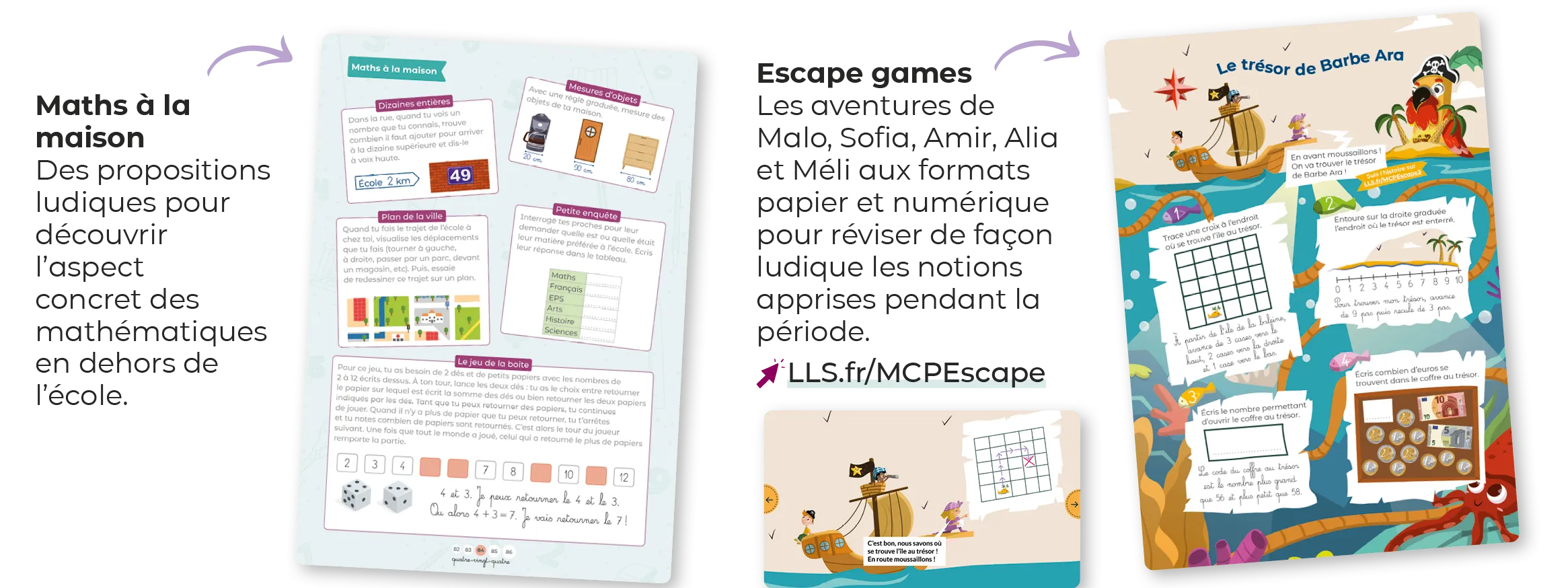 Escape game éducatif : jeux papier et numériques pour réviser les maths de manière ludique. Illustrations colorées de pirates et de cartes.