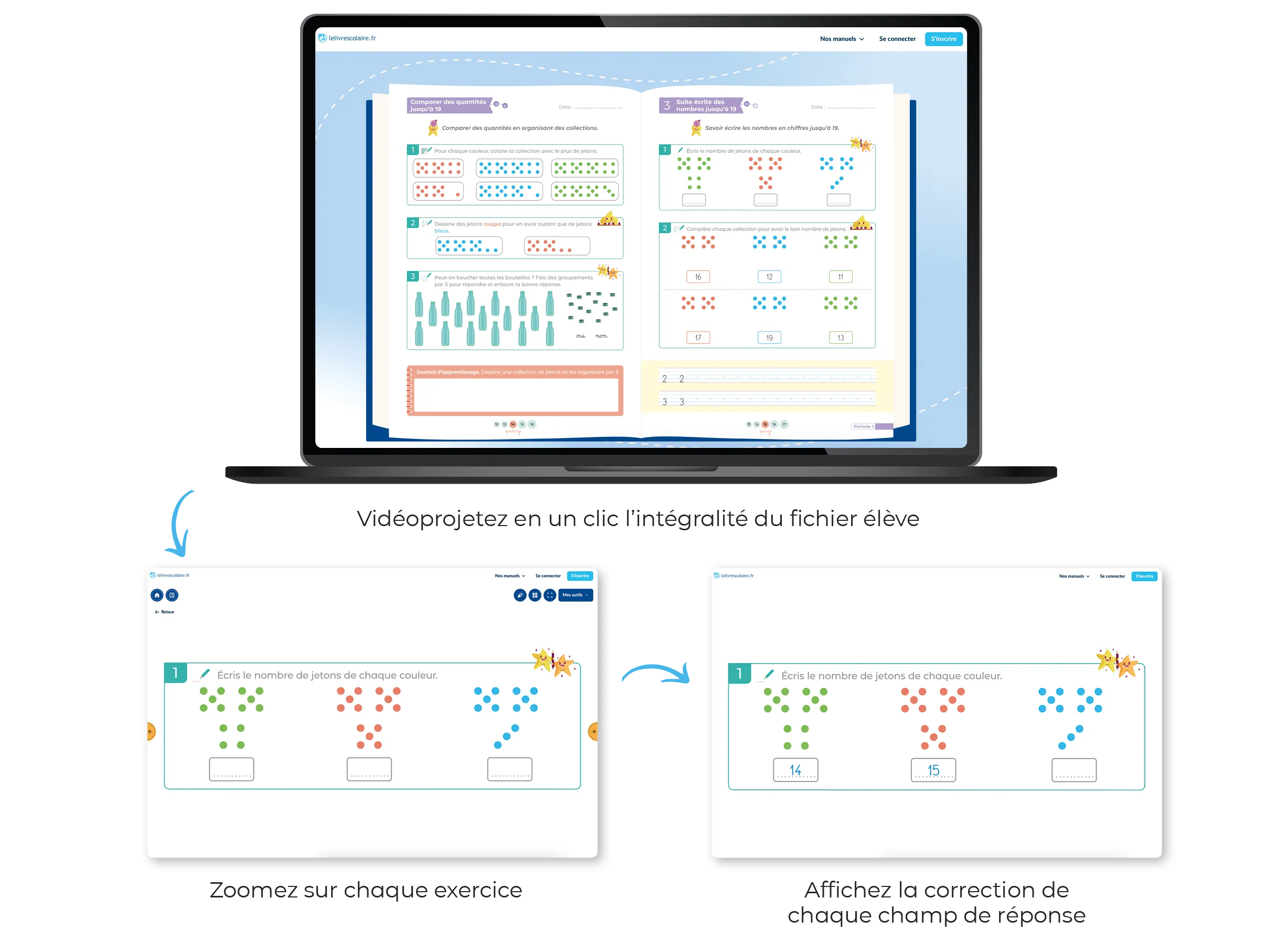 Capture d'écran d'exercices numériques interactifs pour apprendre à compter et comparer des quantités jusqu'à 19. Des jetons colorés sont utilisés.
