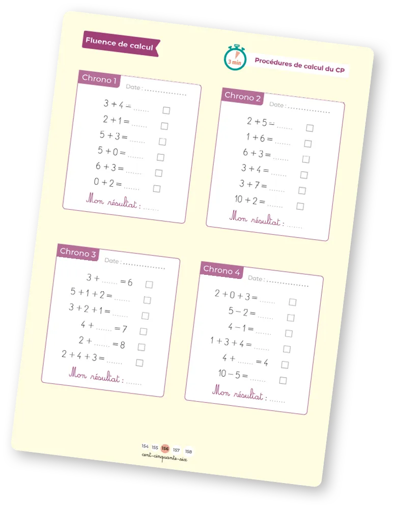 Feuille d'exercices CP : 4 chronos d'additions et soustractions avec cases réponses.