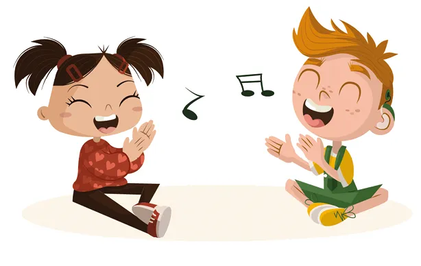 Illustration : deux enfants applaudissent joyeusement en écoutant de la musique.