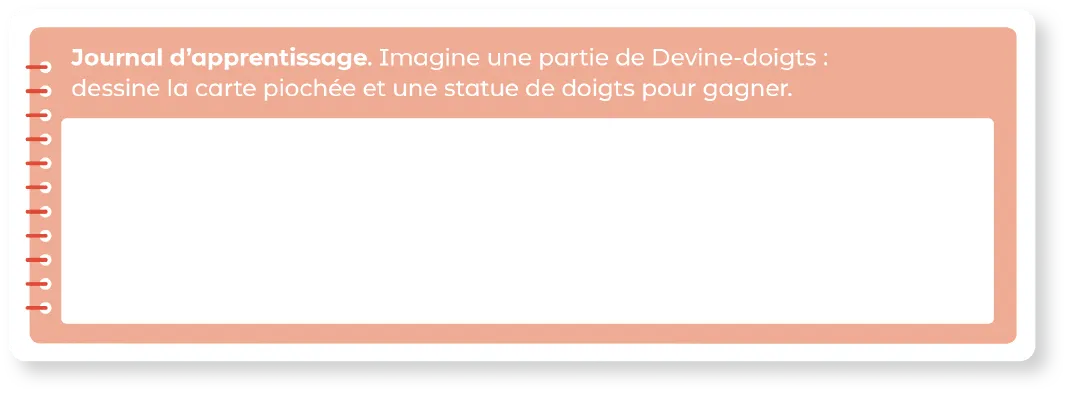 Illustration : carnet d'apprentissage jeu Devine-doigts. Dessiner la carte piochée et une statue de doigts pour gagner.