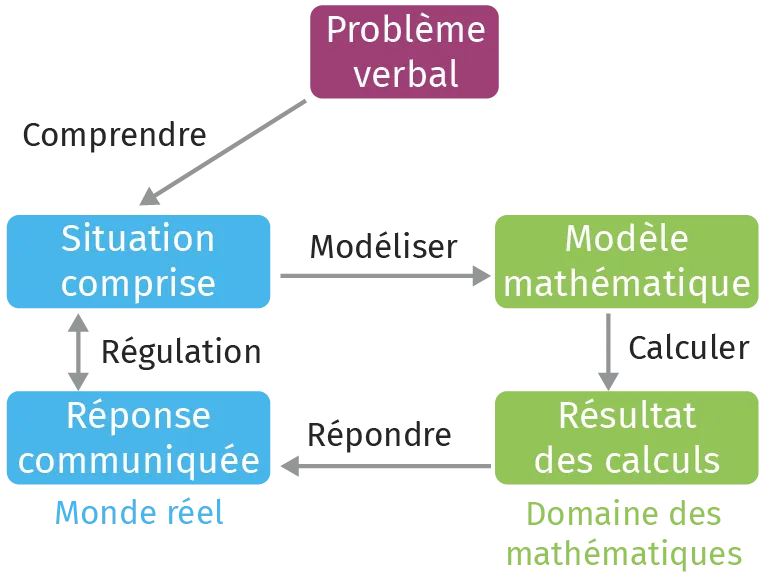 Schéma résolution de problèmes: compréhension, modélisation mathématique, calculs et réponse.