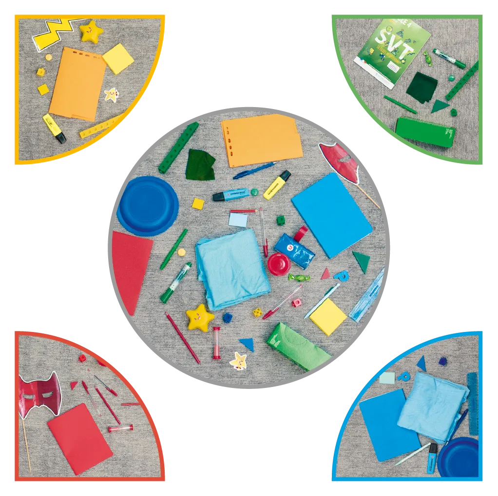 Photographie de fournitures scolaires colorées éparpillées : feutres, cahiers, formes géométriques. Idéal pour l'école primaire.